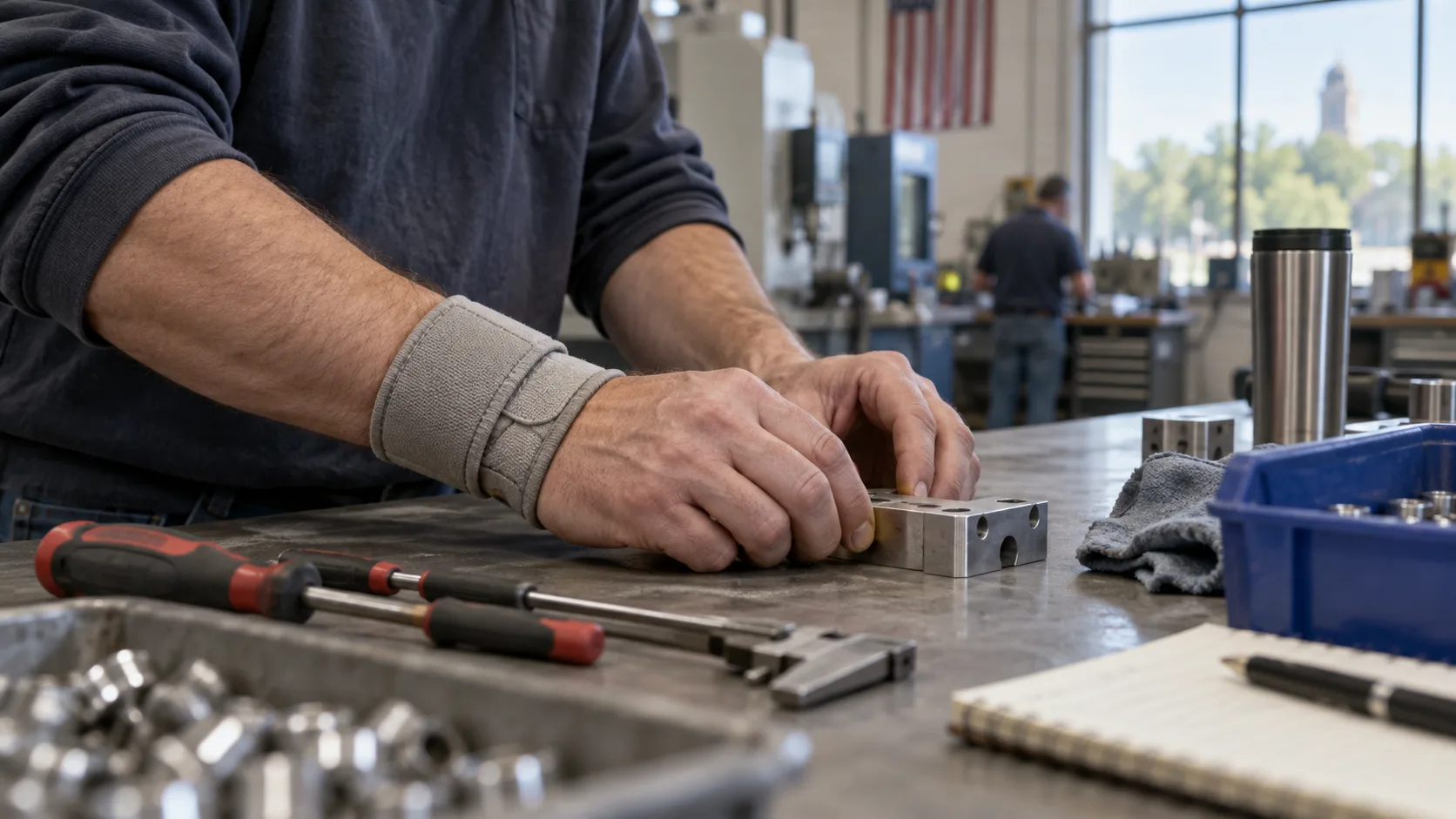 Illustration of a worker wearing a wrist support at a workshop bench