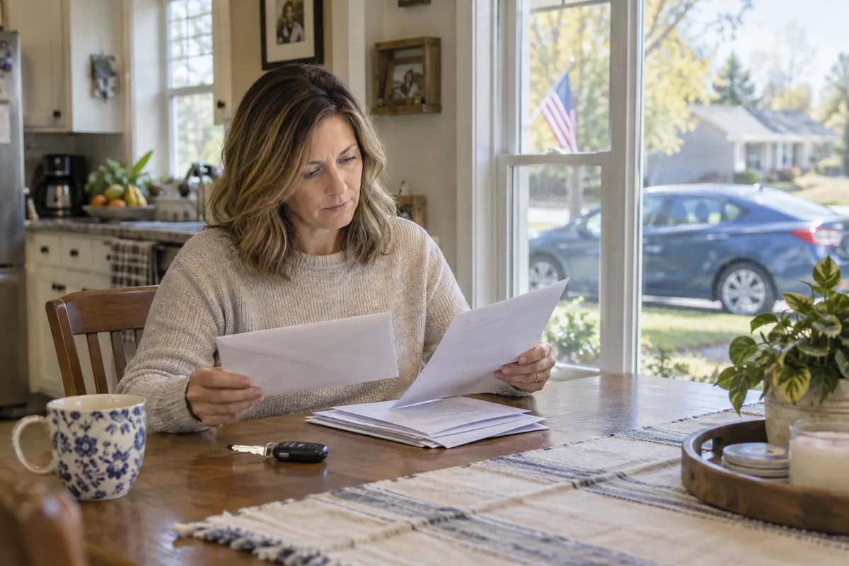 Illustration of a woman comparing insurance papers at a kitchen table with a parked car outside