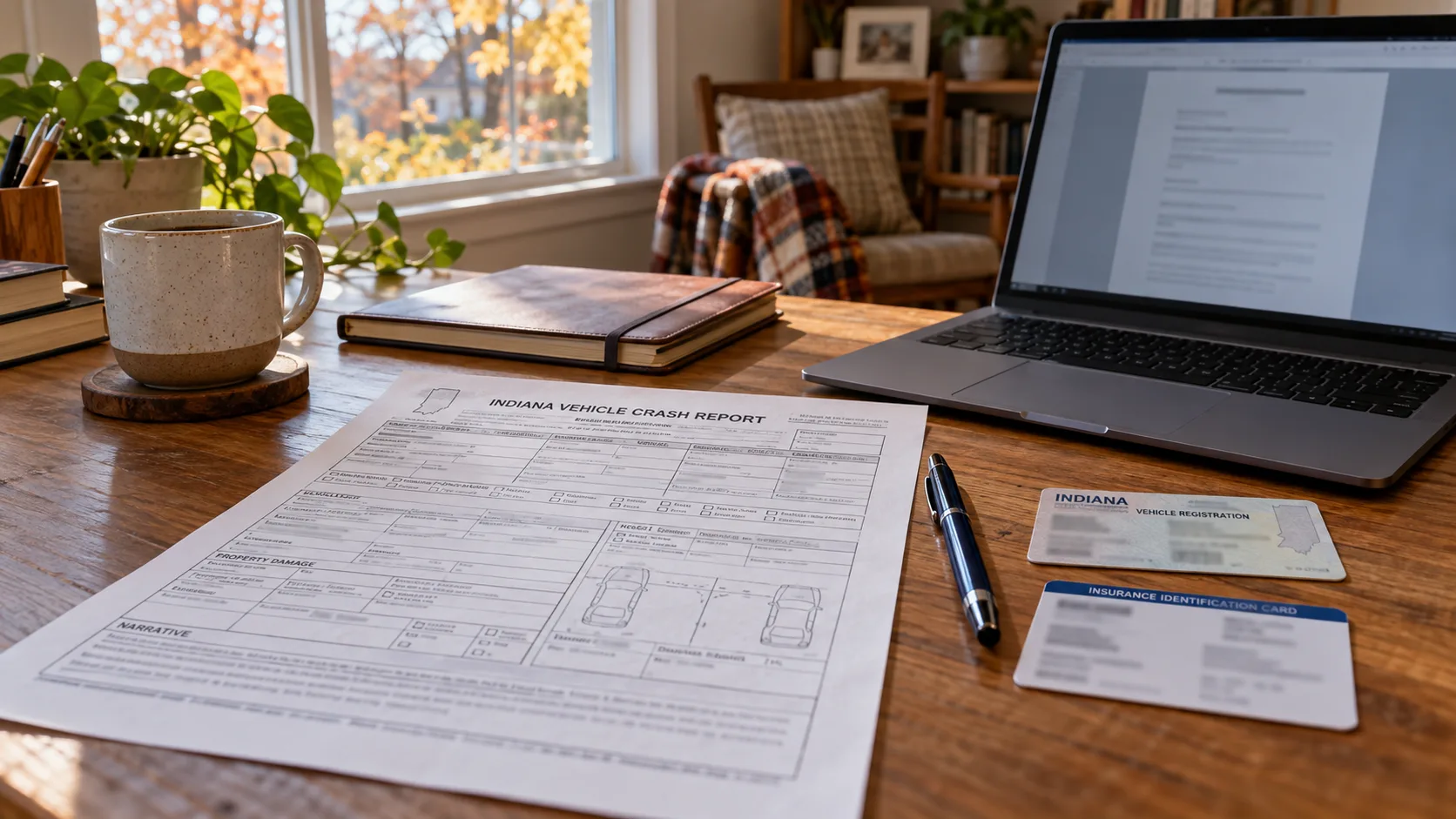 AI-created illustration of a person organizing an Indiana crash-report correction packet