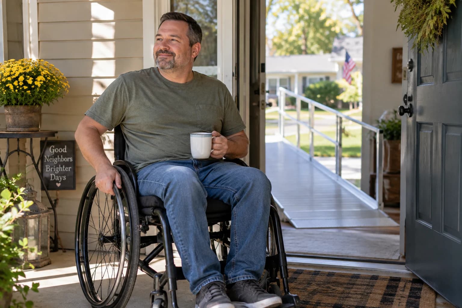 AI-created illustration of an adult wheelchair user near a home entrance with an access ramp