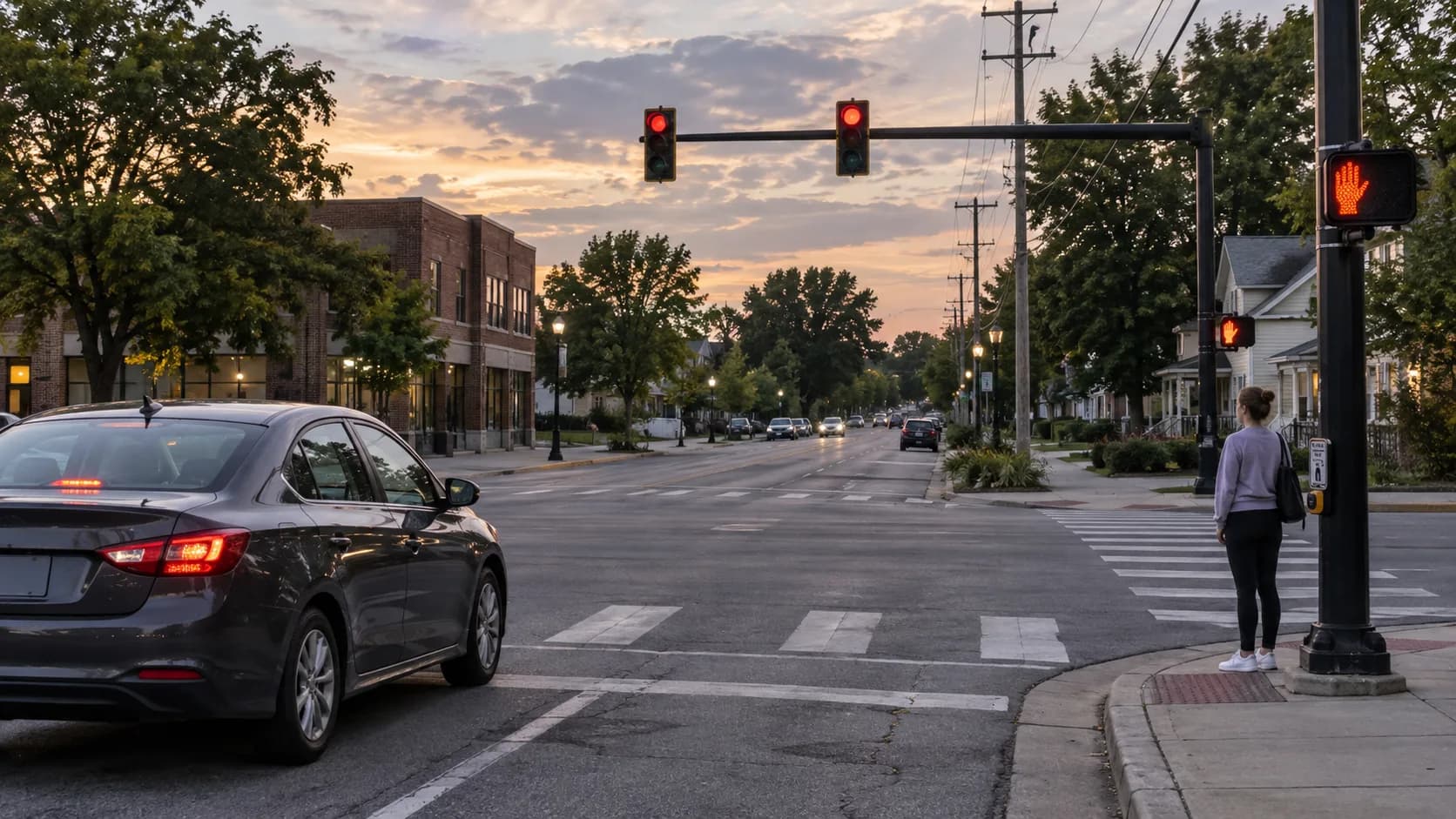 Illustration of a right-turn lane and pedestrian crossing at an Indiana intersection