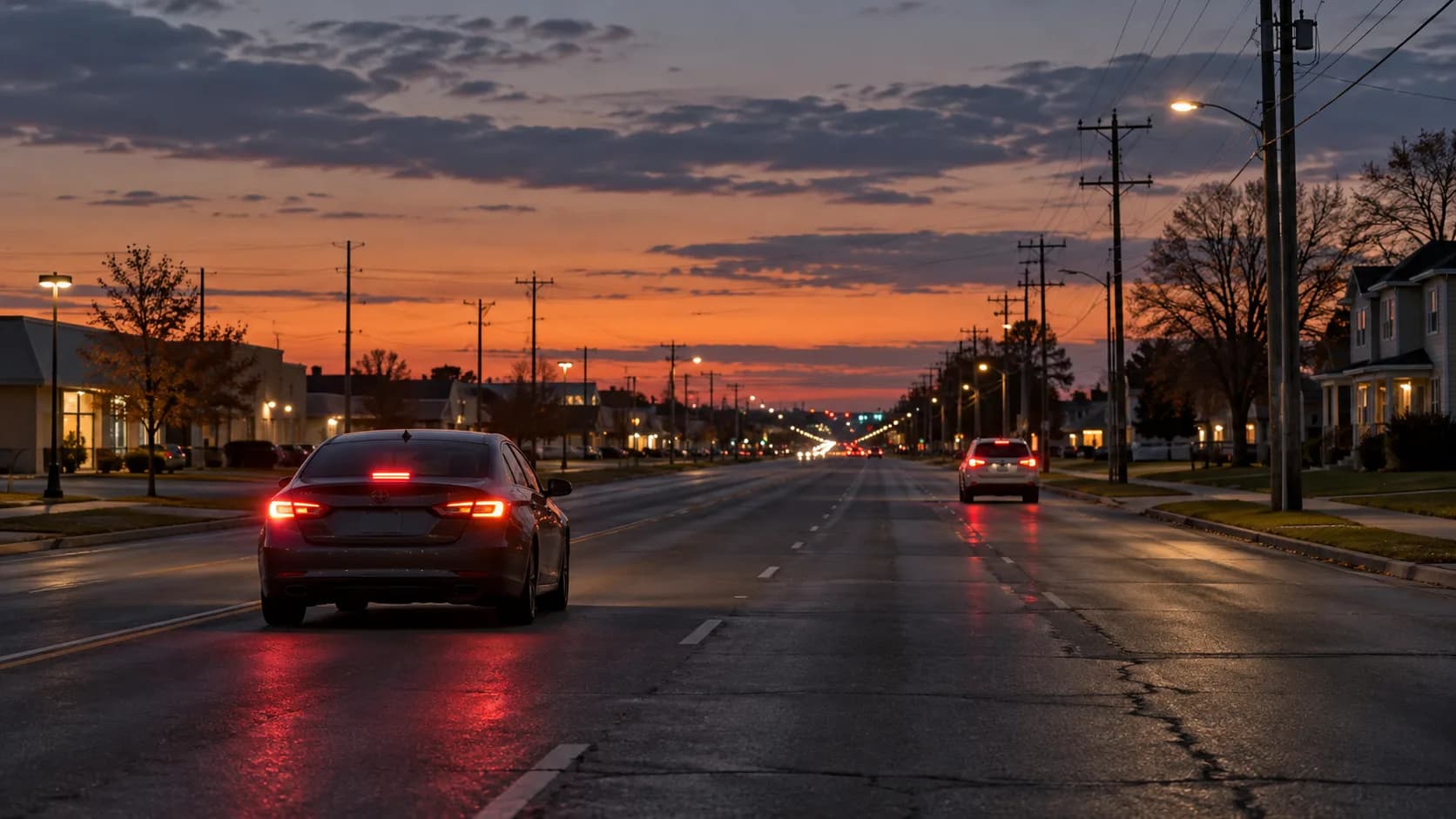 Illustration of traffic on an Indiana-style city road at dusk