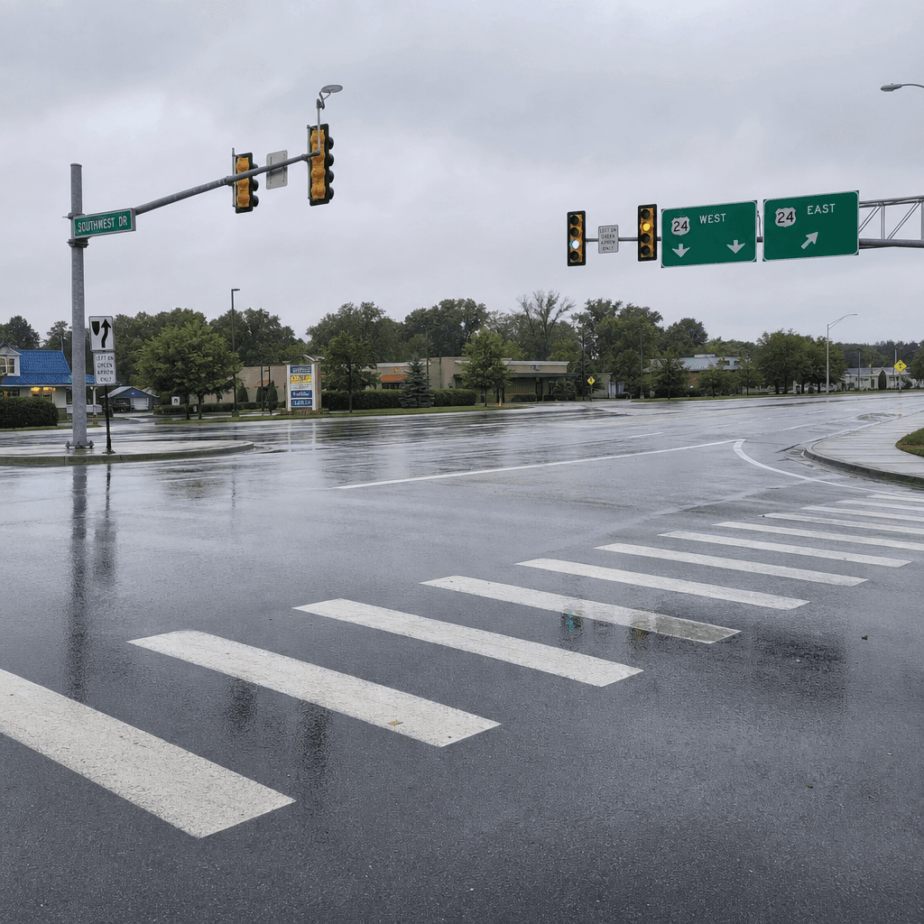 Multi-lane U.S. 24 arterial intersection near Homestead Road in southwest Fort Wayne, Indiana, the corridor where a motorcyclist was injured on May 29, 2026.