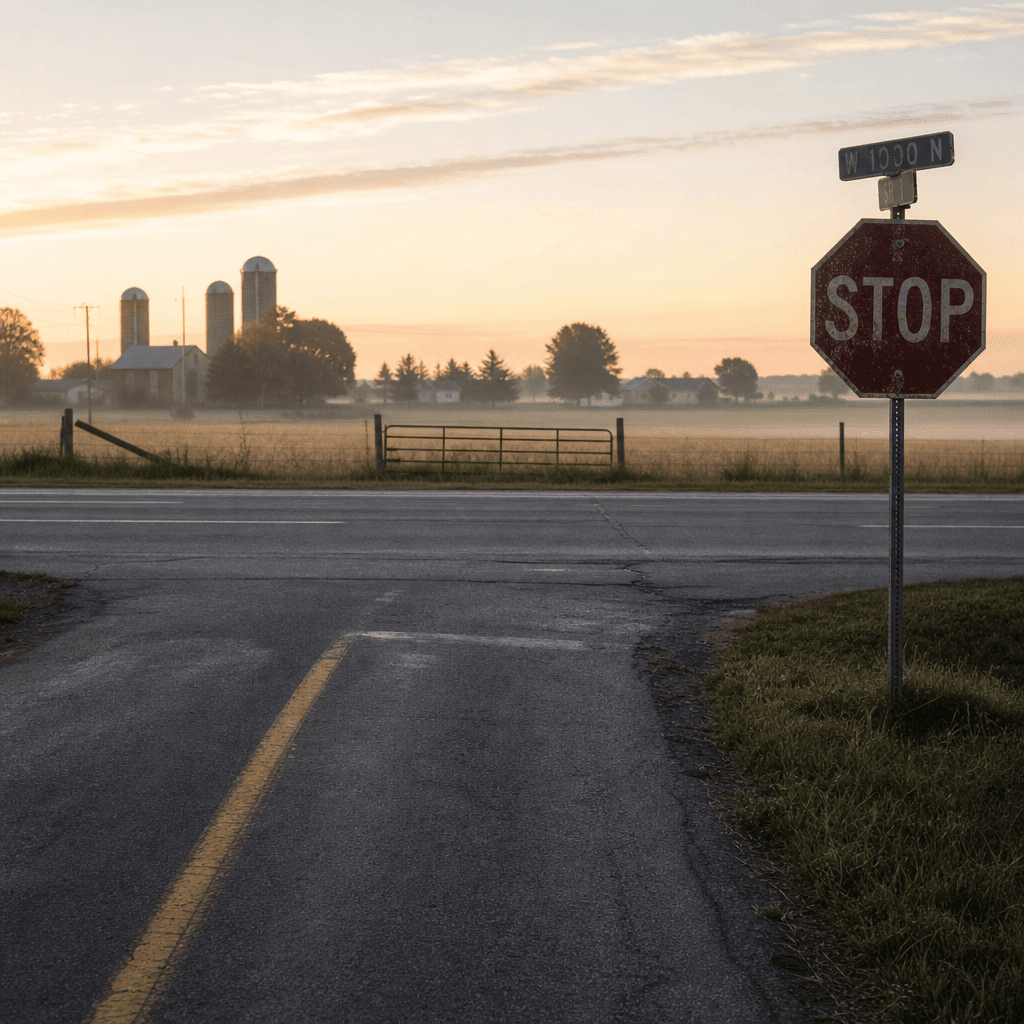A rural Indiana stop-controlled intersection at dawn, where U.S. 27 meets a county road in Adams County