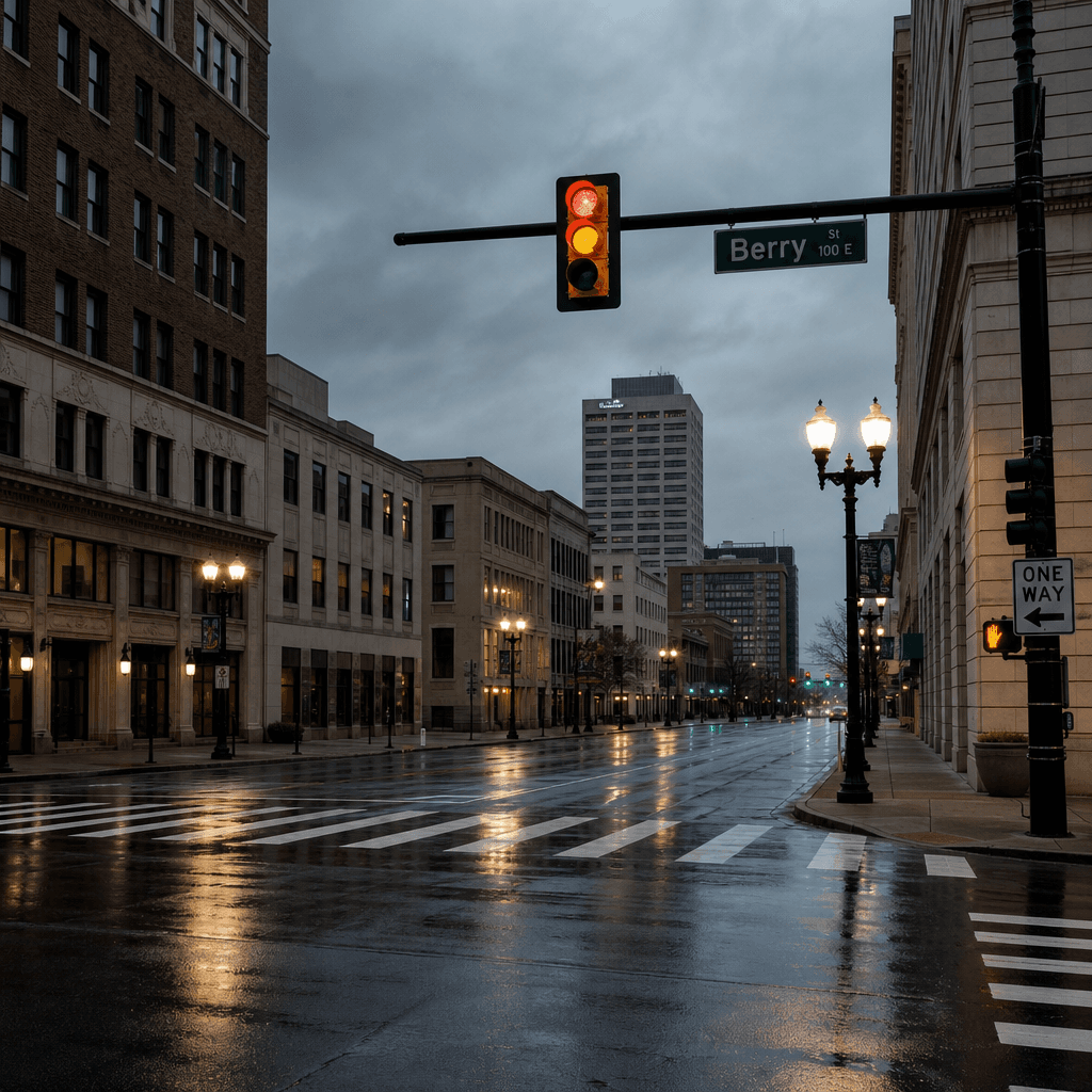 Downtown Fort Wayne intersection with traffic signal and surrounding brick buildings at dusk, near Harrison and Wayne Streets in Allen County, Indiana.