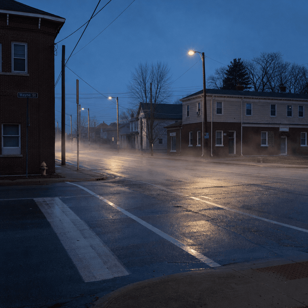 Pre-dawn view of a quiet urban intersection on the southeast side of Fort Wayne, Indiana, similar to S. Hanna Street and E. Sherwood Terrace where a fatal pedestrian hit-and-run occurred.