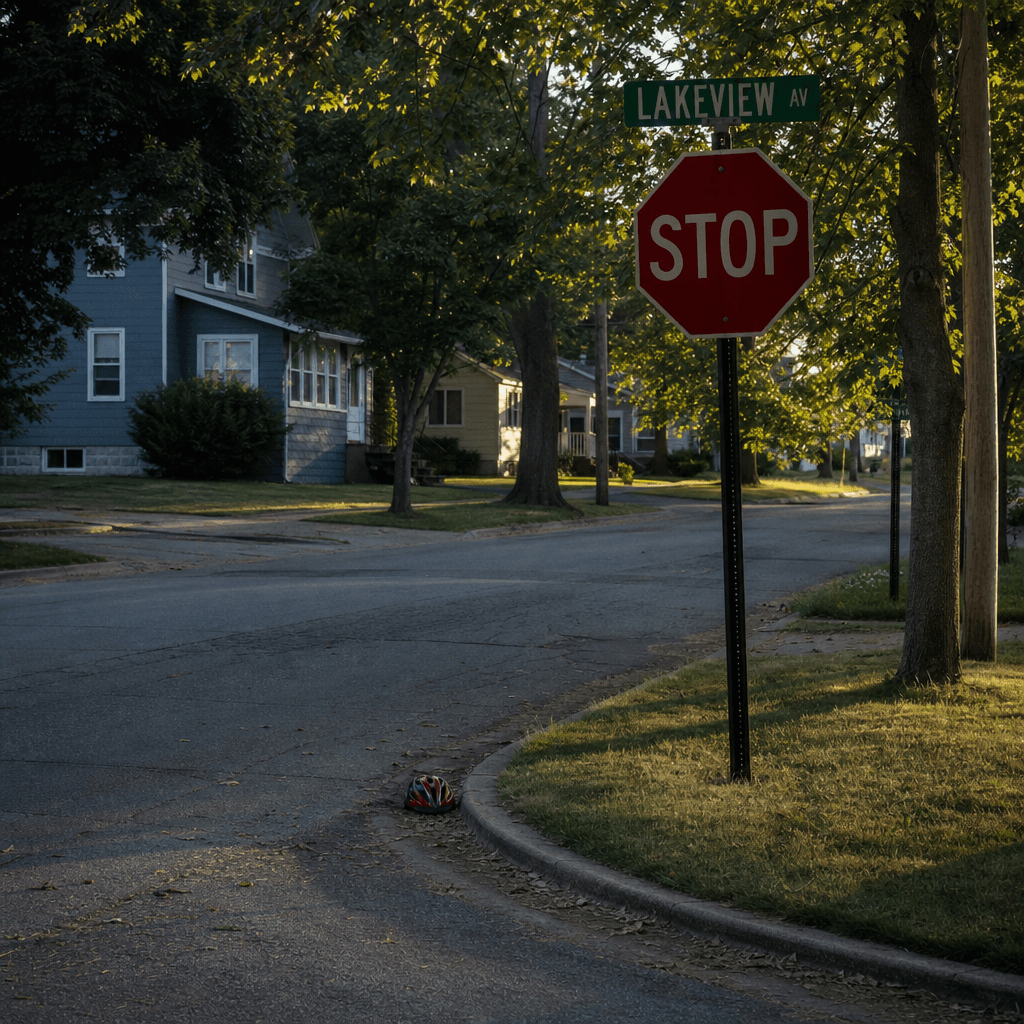 Quiet residential intersection in Rome City, Noble County, Indiana, where a 9-year-old cyclist was struck in a bicycle crash.