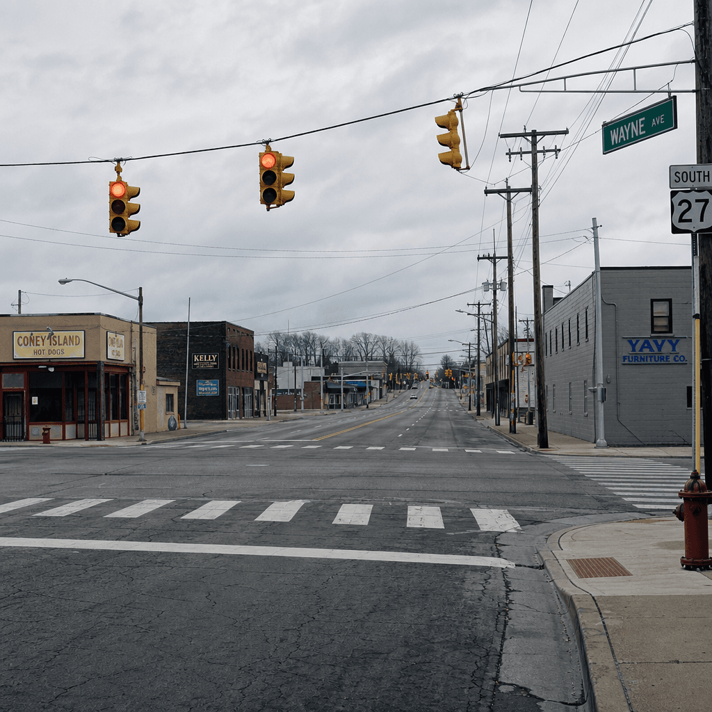 Urban surface-street intersection on the south side of Fort Wayne, Indiana, similar to Lafayette Street and East Sherwood Terrace in Allen County.