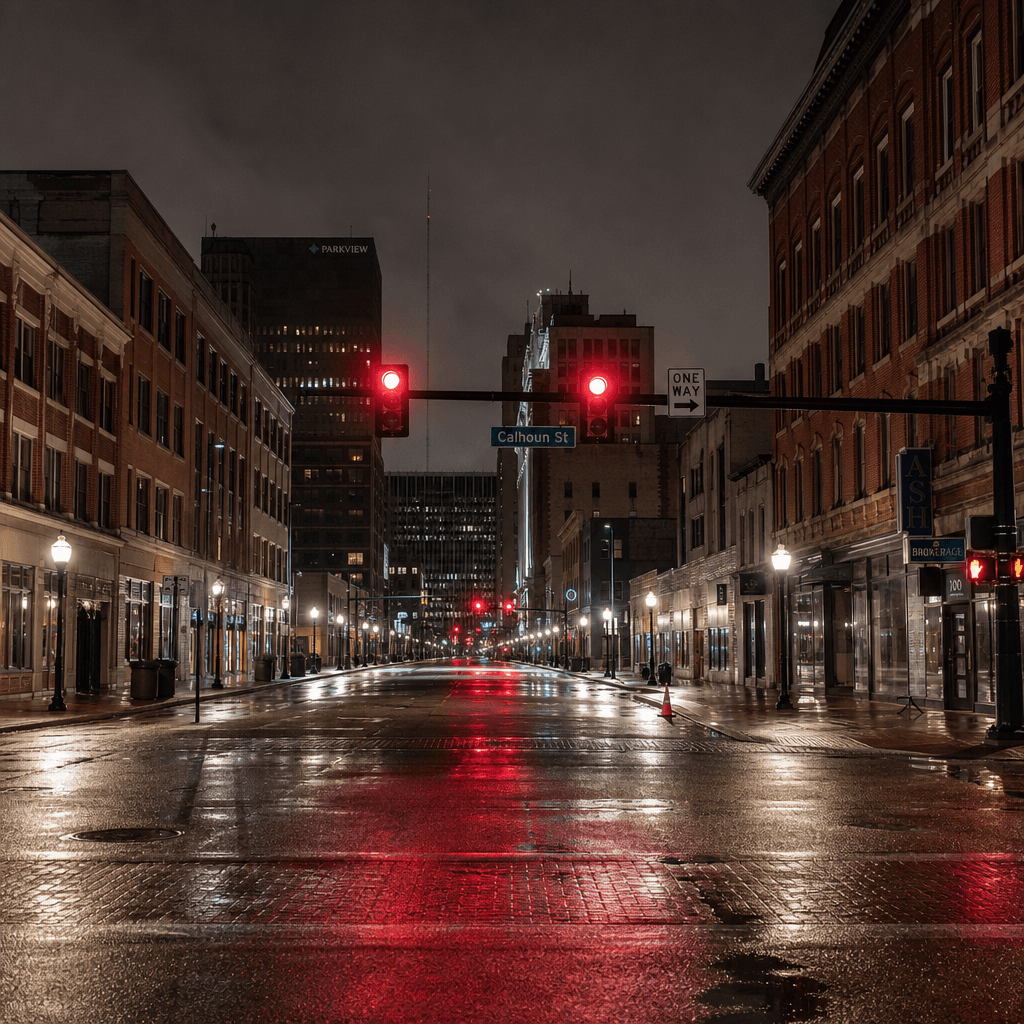 Nighttime view of a signalized intersection in downtown Fort Wayne, Indiana, where a suspected drunk driver ran a red light and struck an Uber at East Wayne Street and South Clinton Street.