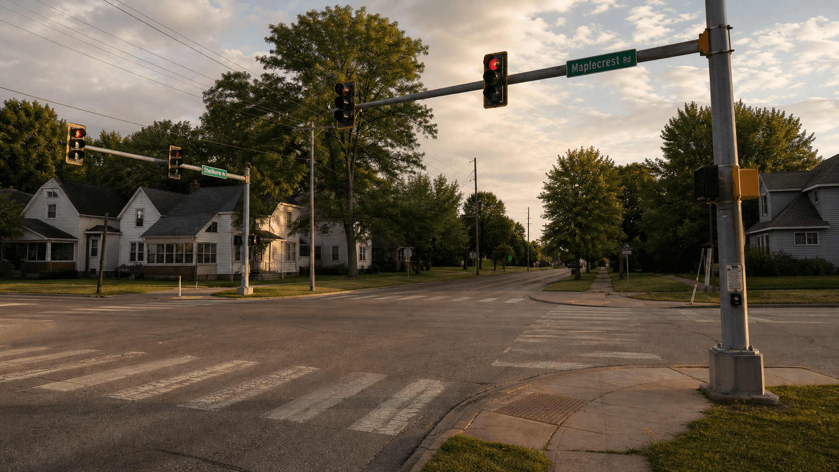 Signalized intersection of two residential streets in northeast Fort Wayne, Allen County, Indiana, similar to Vance Avenue and Hobson Road where a June 15, 2026 red-light crash injured two children.
