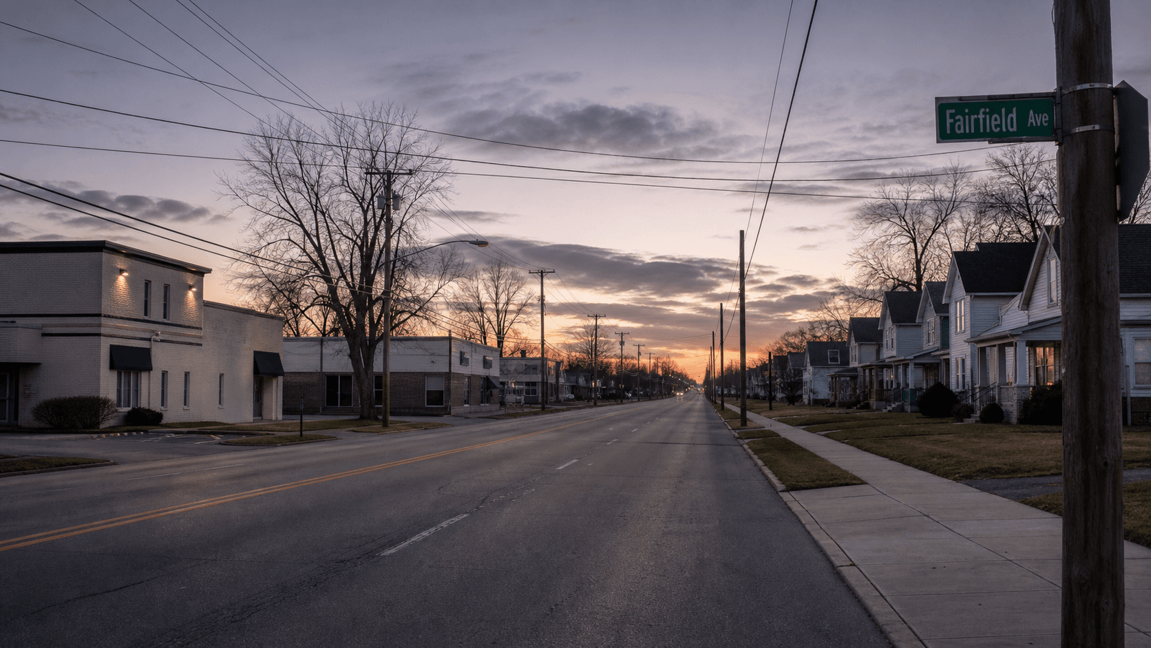 Quiet evening view of Fairfield Avenue in south Fort Wayne, Indiana, the kind of urban arterial corridor where a critical moped crash was reported near West Brakenridge Street on June 27, 2026.