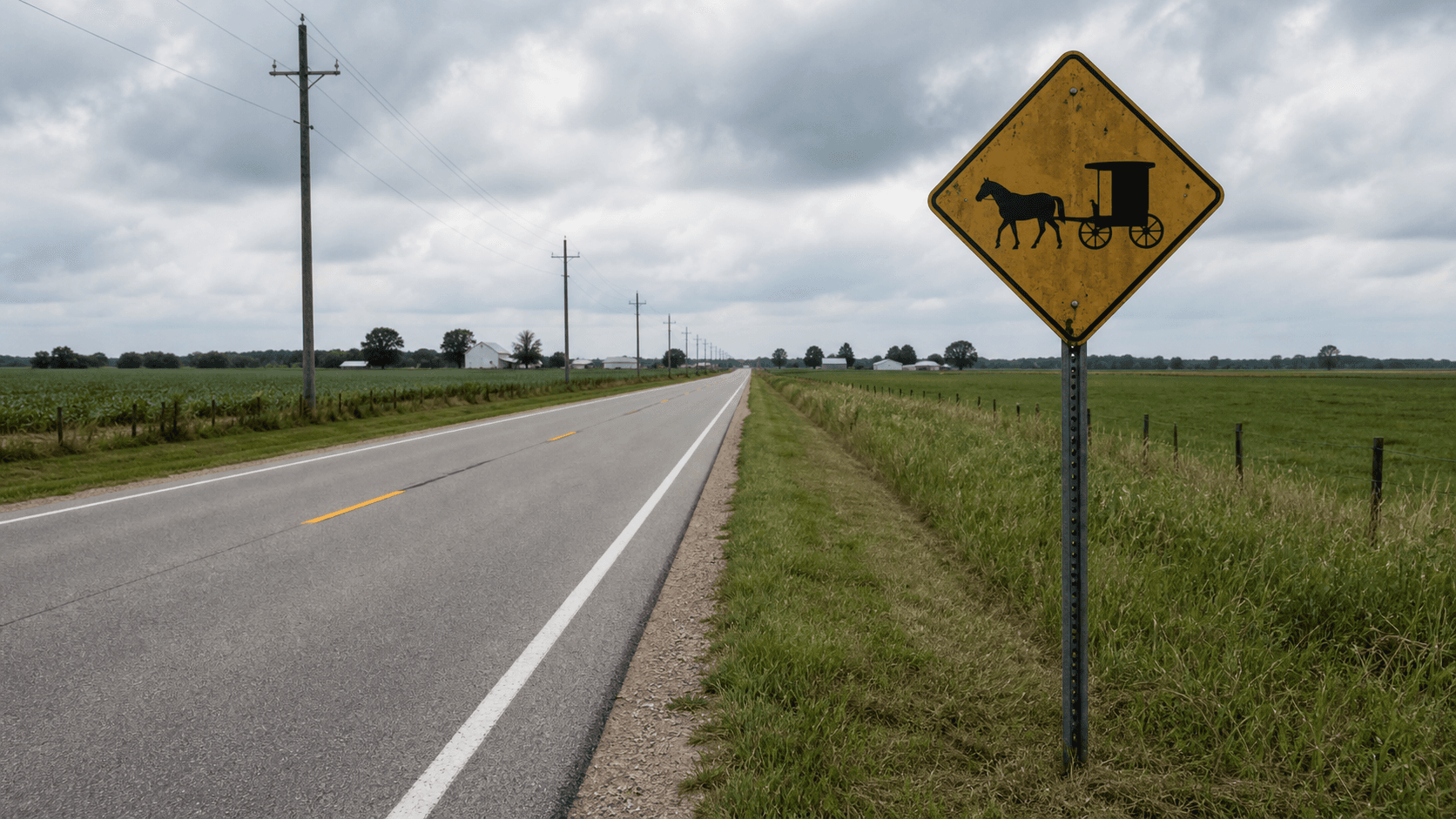 A rural stretch of State Road 9 in LaGrange County, Indiana, marked with horse-and-buggy caution signage in Amish country where a pickup truck rear-ended a horse-drawn buggy.