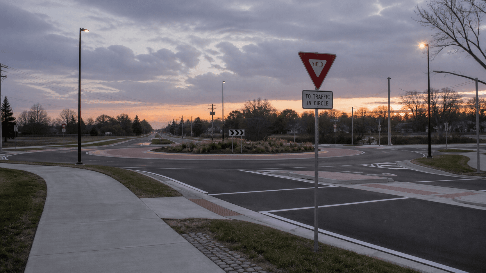 The landscaped roundabout at 96th Street and Allisonville Road in Fishers, Indiana, where a fatal OWI crash occurred in August 2026