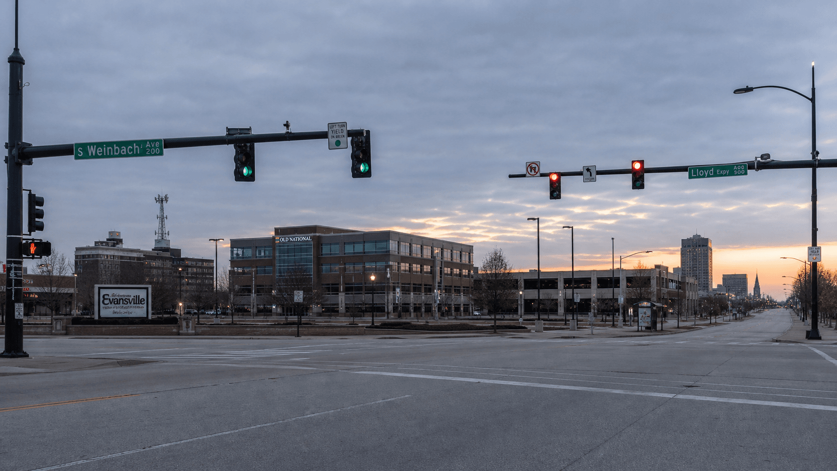 The intersection of North Heidelbach Avenue and Columbia Street in Evansville, Indiana, where a motorcyclist was seriously injured in a crash.