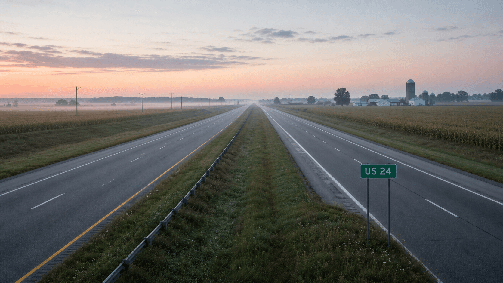 Empty stretch of U.S. 24 east of Logansport in Cass County, Indiana, the divided highway where a wrong-way crash occurred in August 2026