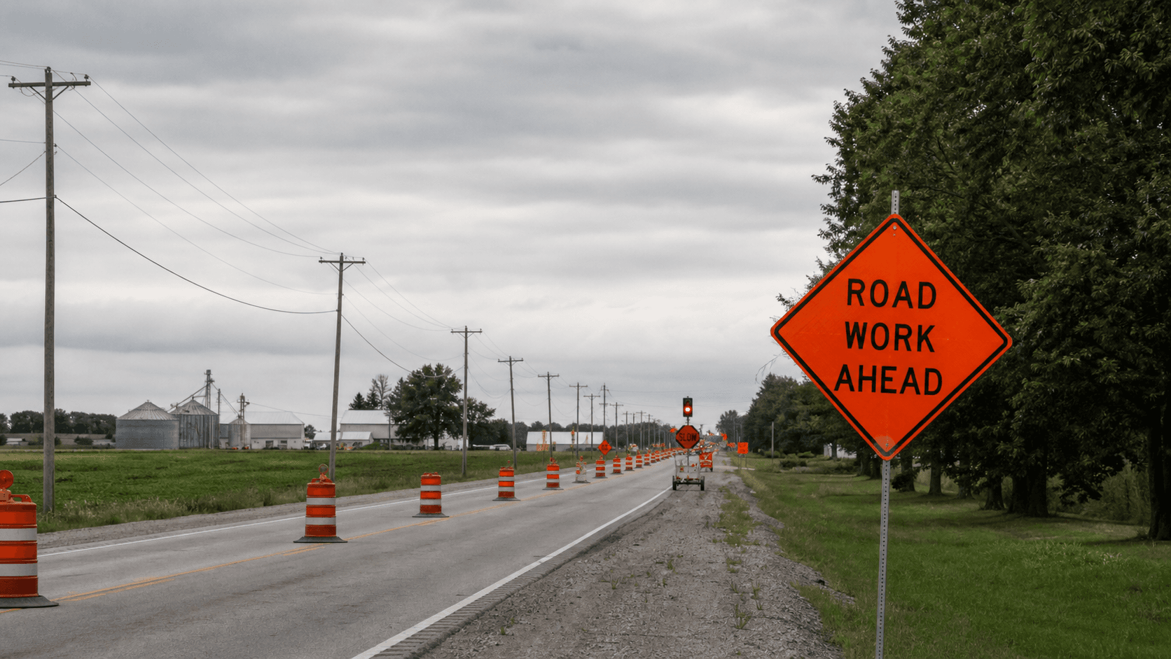 State Road 18 work zone near Wolcott in Benton County, where a fatal rear-end collision was reported at County Road 1200 East.