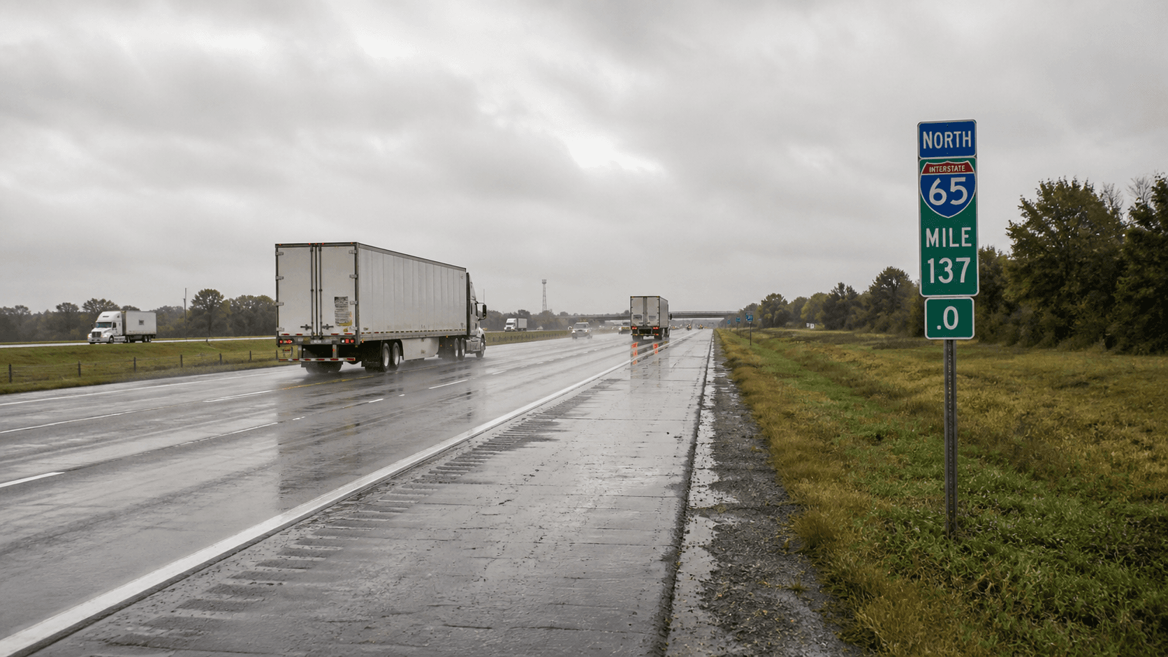 Wet Interstate 65 near mile marker 137 in Boone County, Indiana, where a passenger vehicle and semi collision critically injured one driver.