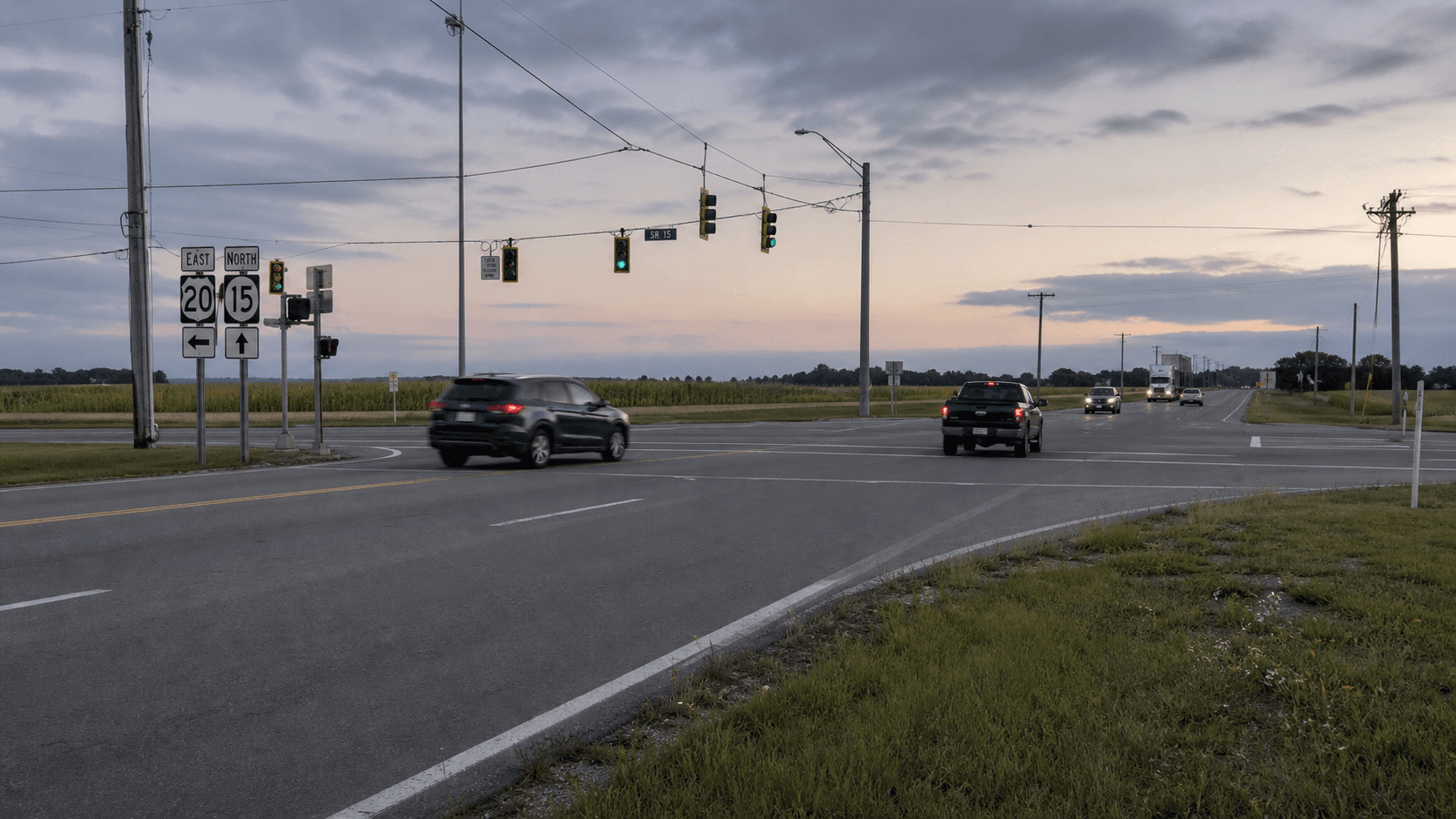 Signalized intersection at U.S. 20 and S.R. 15 in Goshen, Elkhart County, where a four-vehicle crash injured three people.