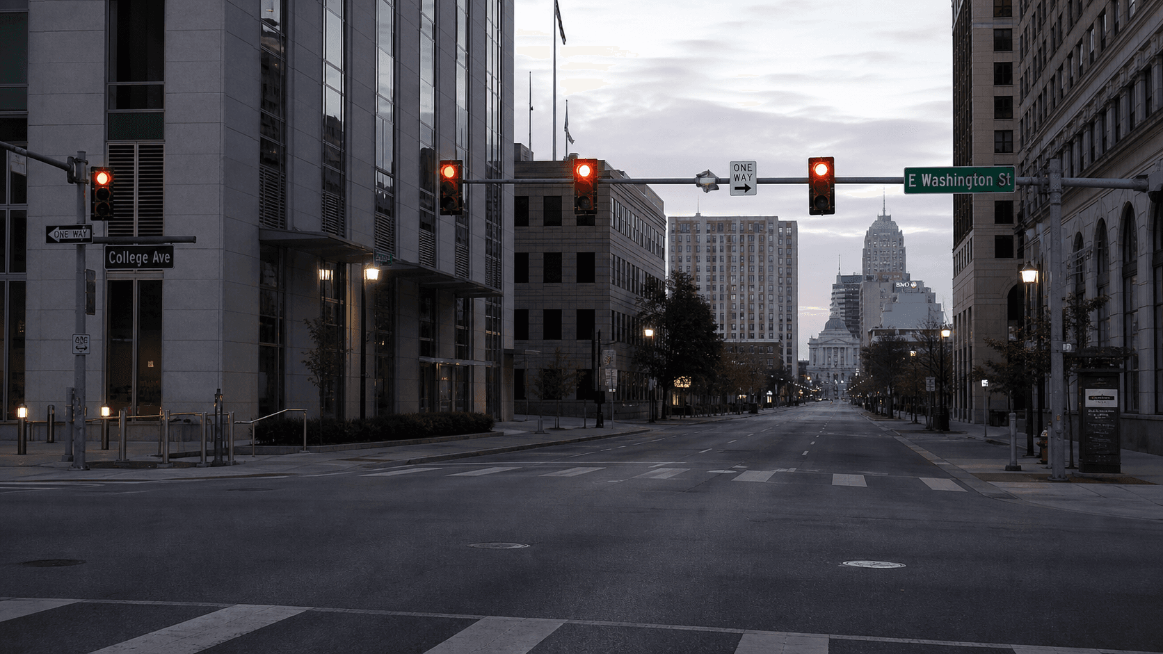 Early morning view of East Washington Street and College Avenue in downtown Indianapolis, the intersection where a wrong-way OWI crash was reported.