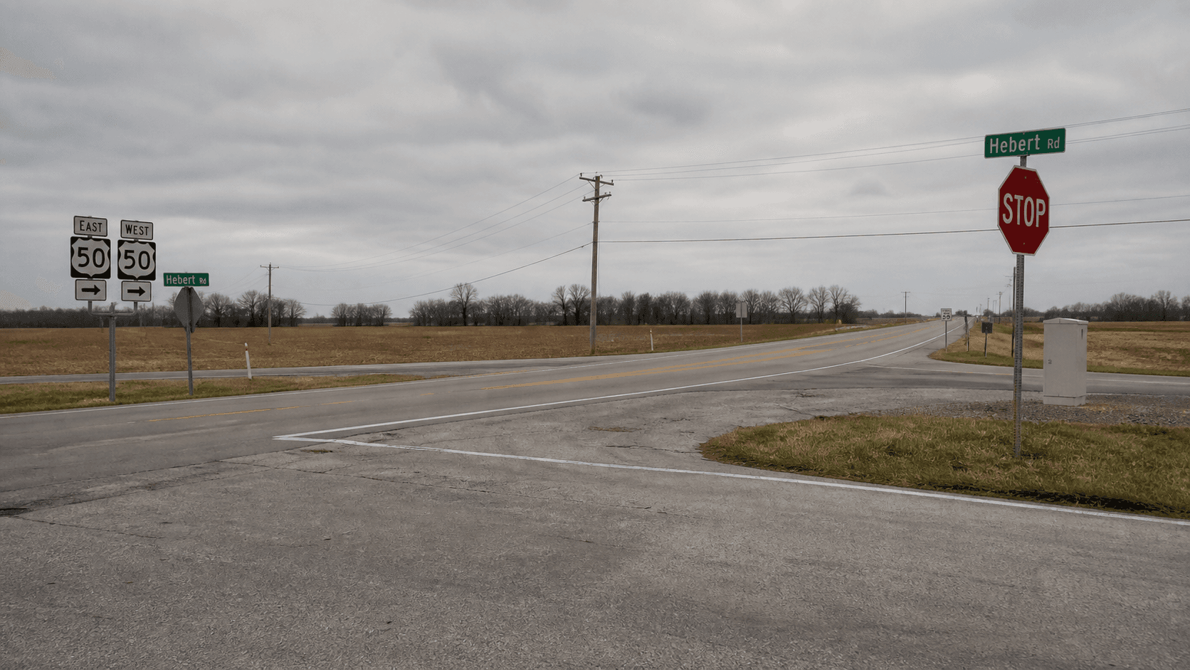 U.S. 50 at Hebert Road near Vincennes in Knox County, the reported location of a serious-injury OWI crash investigation.