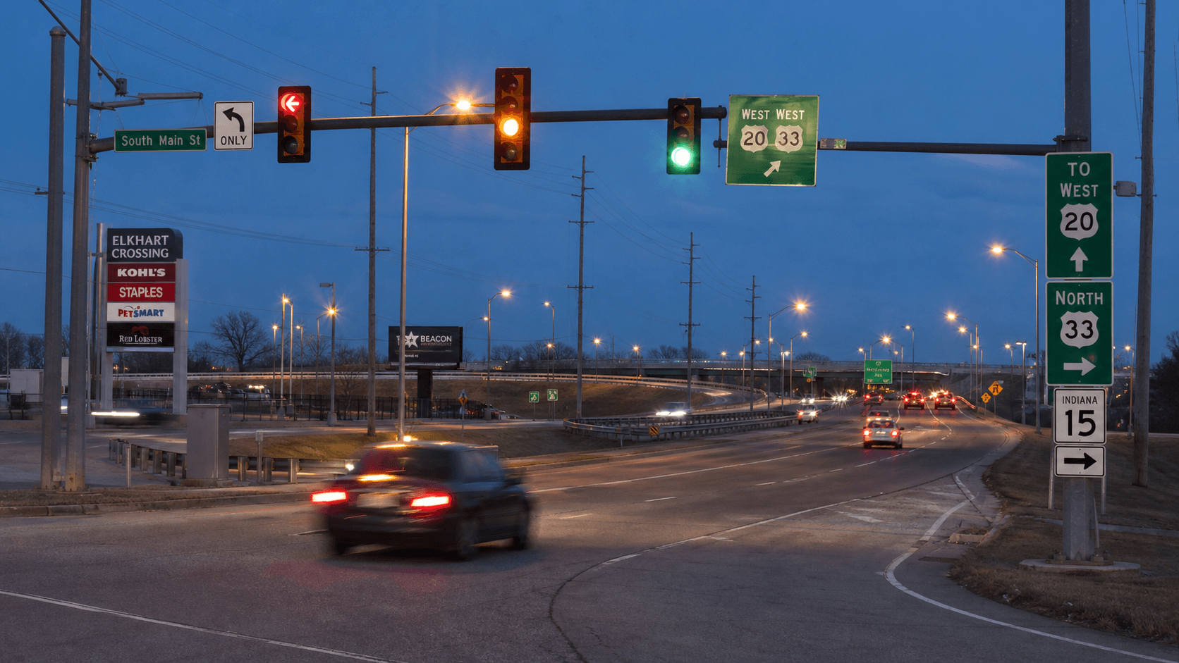 Evening traffic at South Main Street U.S. 33 and U.S. 20 in Elkhart, the intersection where a motorcycle and semi collision critically injured a rider.
