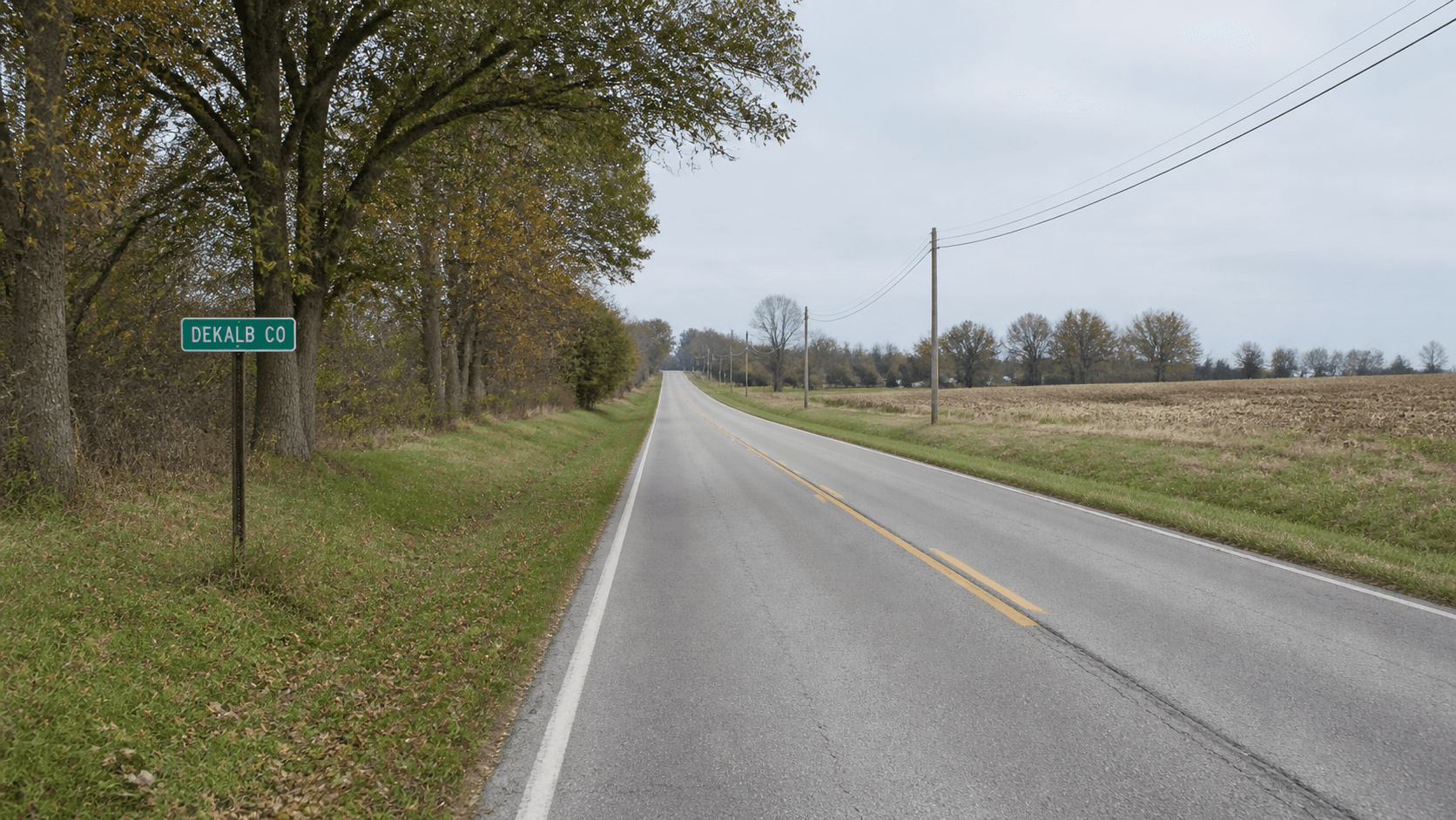 Rural County Road 31 near Auburn in DeKalb County, the area discussed in a report about a single-vehicle run-off-road crash.