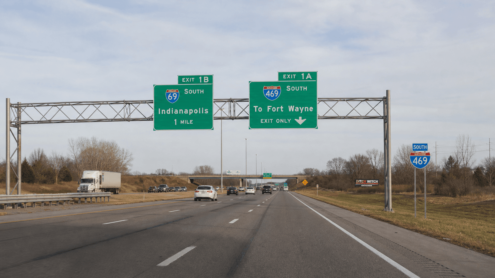 Southbound Interstate 469 in Allen County, Indiana, near the area of the reported wrong-way head-on crash.
