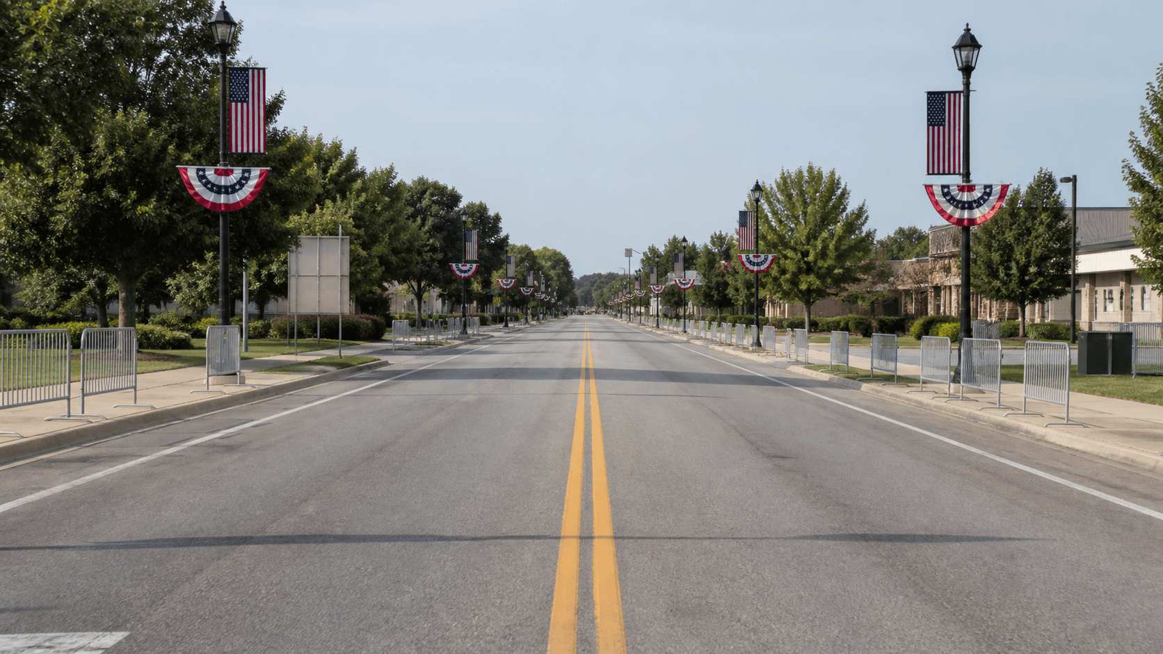 Empty public street and parade traffic-control barriers in Lake Station, Indiana, representing the Independence Day parade route involved in the Lake County case.
