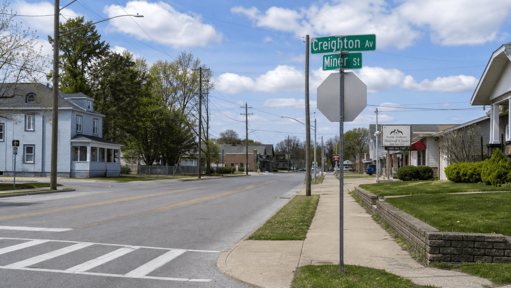 Street view near Creighton Avenue and Miner Street in Fort Wayne, where police investigated a crash that left a passenger in life-threatening condition.