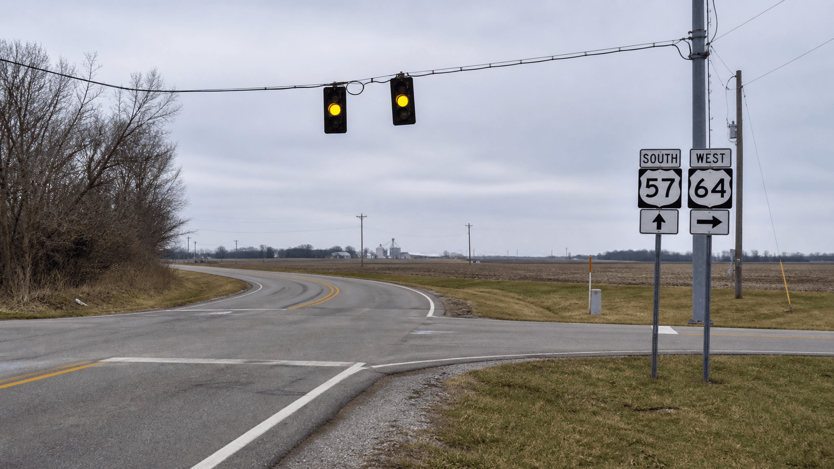 Indiana 57 and Indiana 168 intersection near Mackey in Gibson County, where a two-car injury crash was reported.