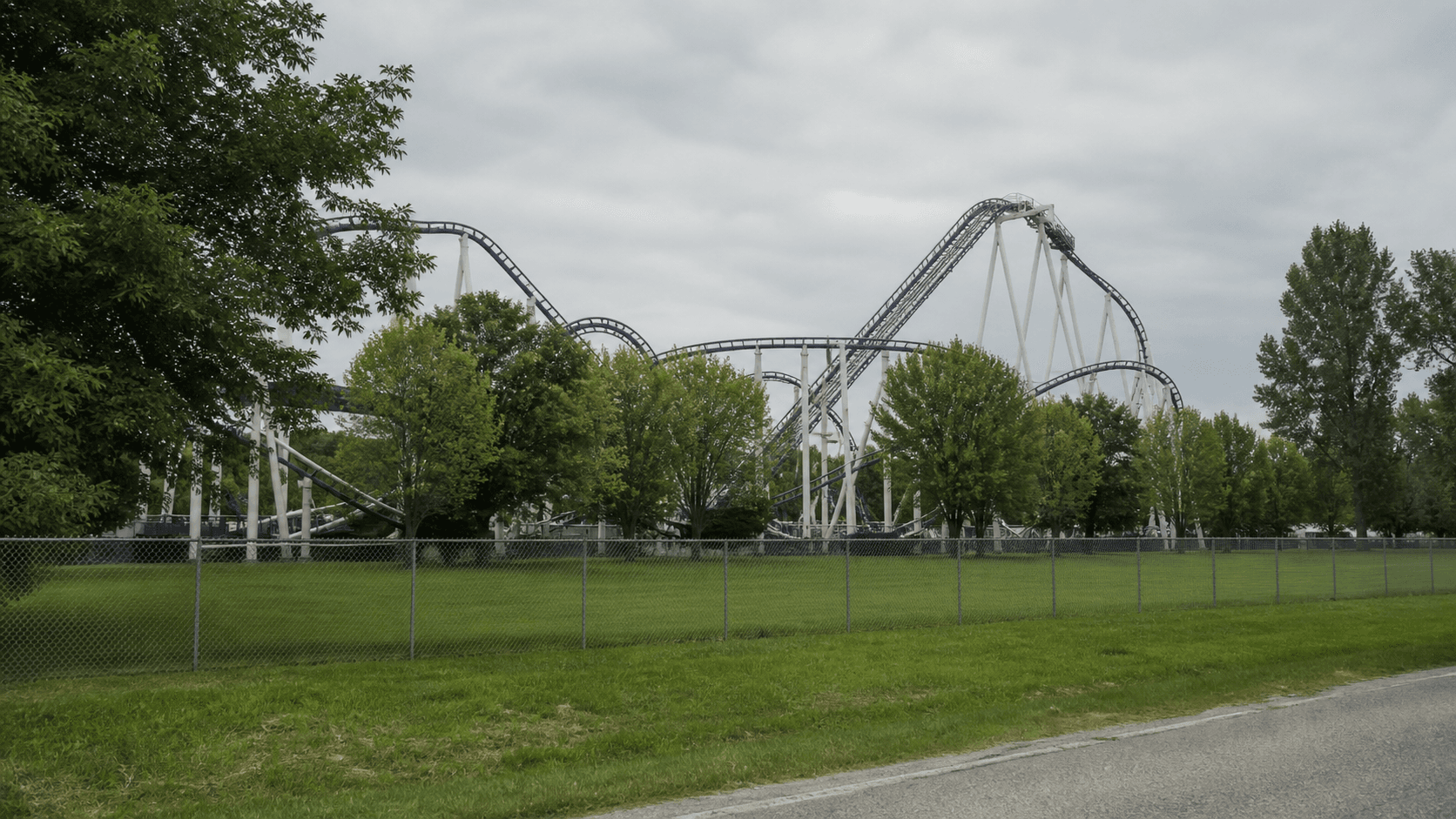 Wide exterior view of an amusement park setting in Monticello, Indiana, providing context for the Indiana Beach roller coaster restraint injury lawsuit.