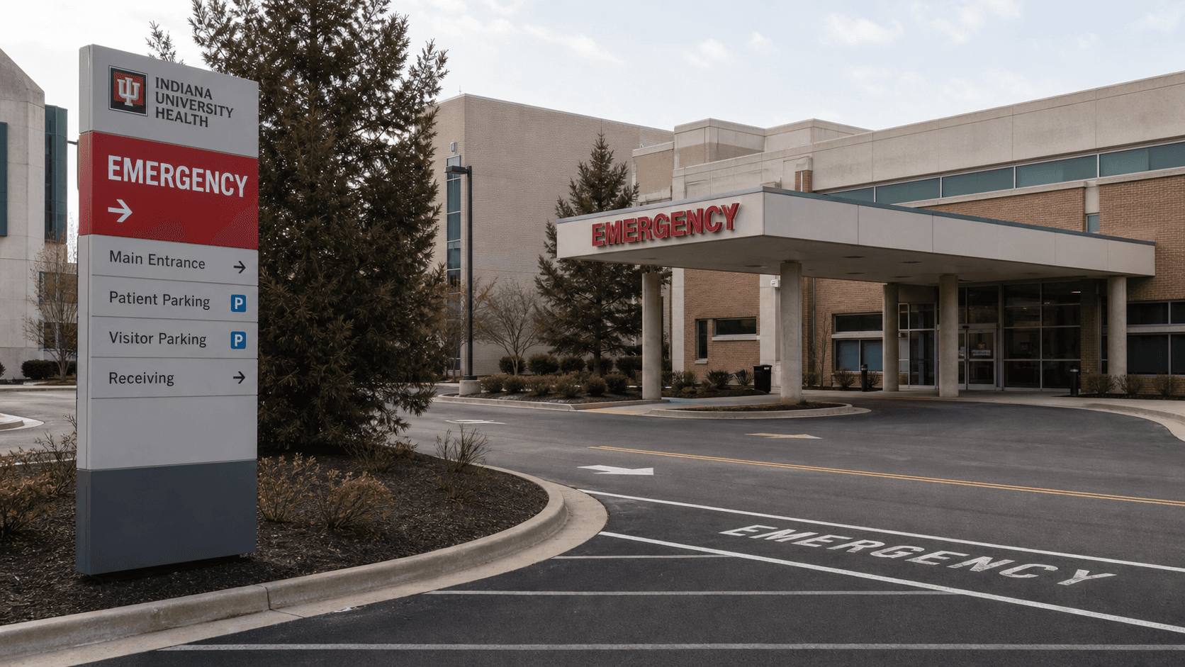 Hospital emergency room parking area in Columbus, Indiana, representing the location where a police officer was injured during a vehicle incident.