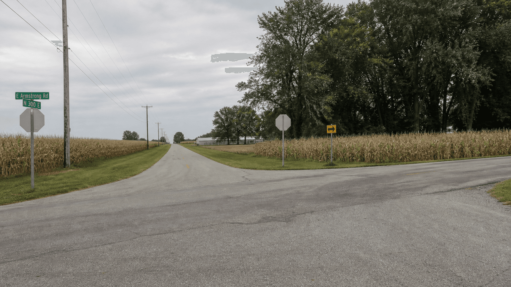 Rural county-road intersection near Leesburg in Kosciusko County, representing the crash location at County Road 300 East and Armstrong Road.