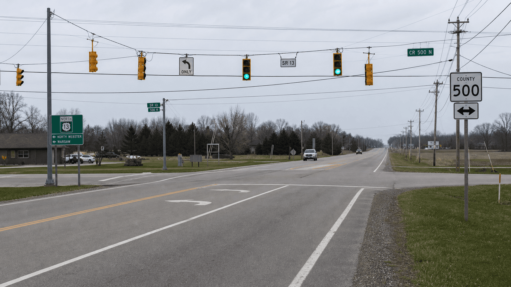 Signalized intersection near North Webster in Kosciusko County, where a rear-end crash was reported at State Road 13 and County Road 500 North.