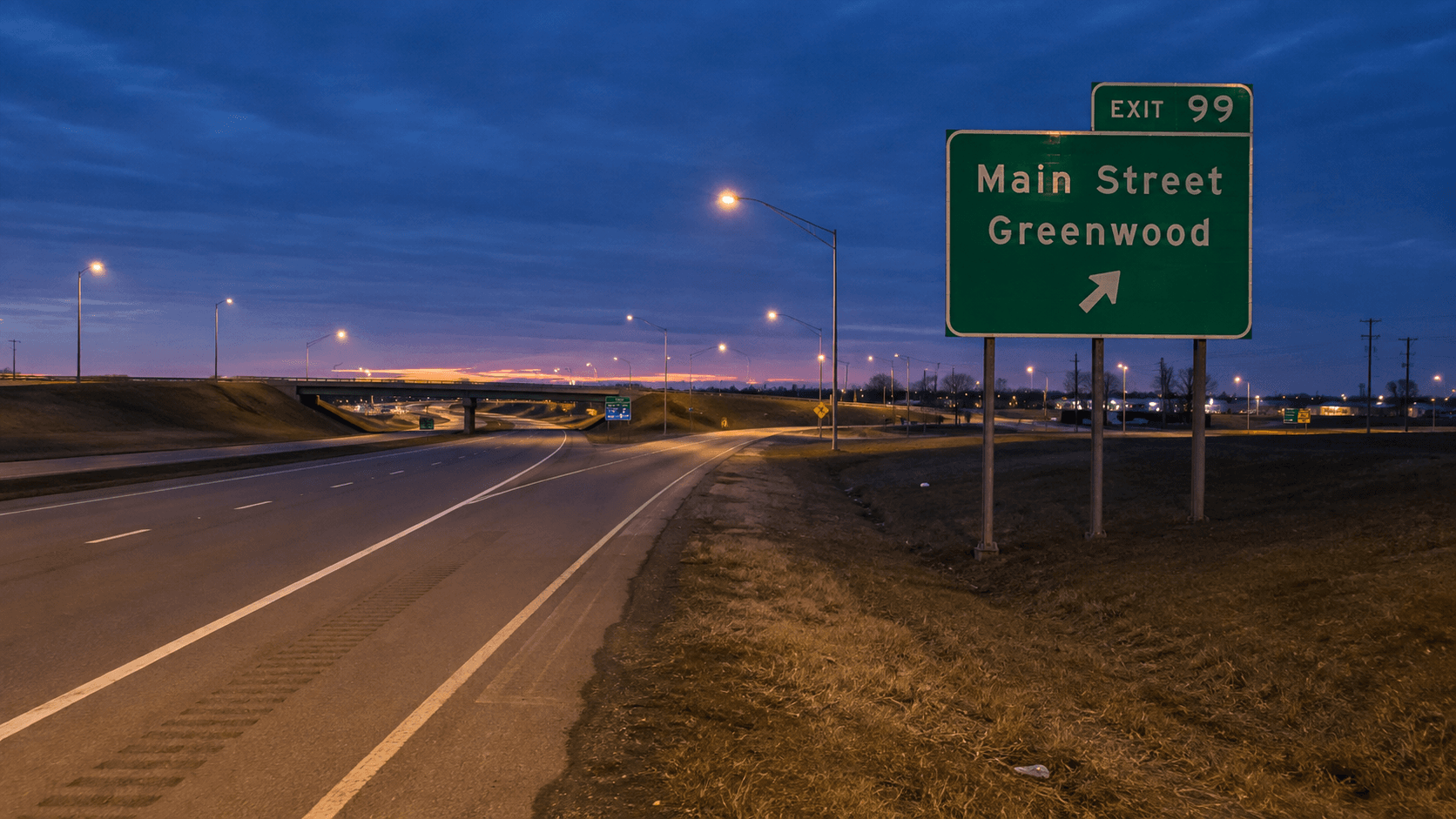Interstate 65 Main Street exit near Greenwood in Johnson County, the location of a reported rollover crash after a pursuit.