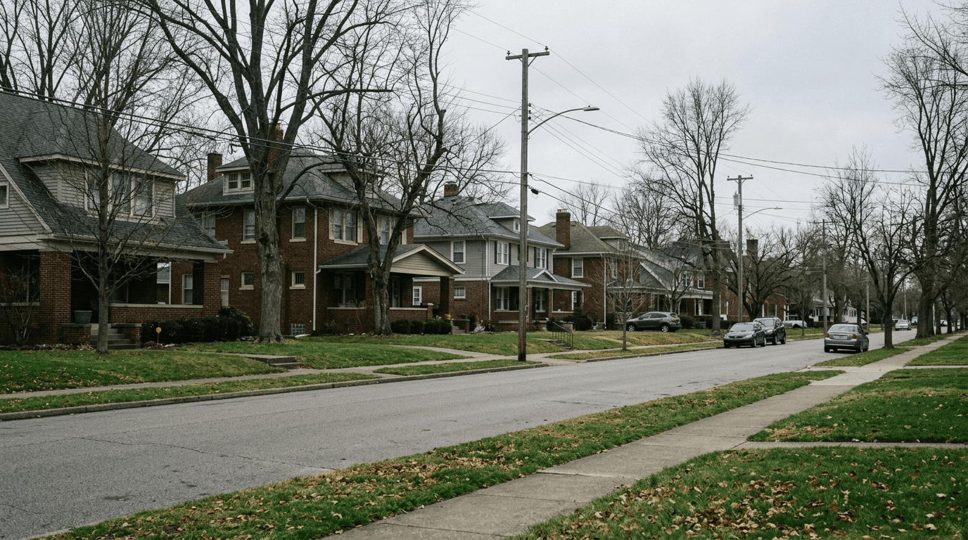Residential streetscape in Evansville, Indiana, providing context for the reported carbon monoxide exposure on Norman Avenue.