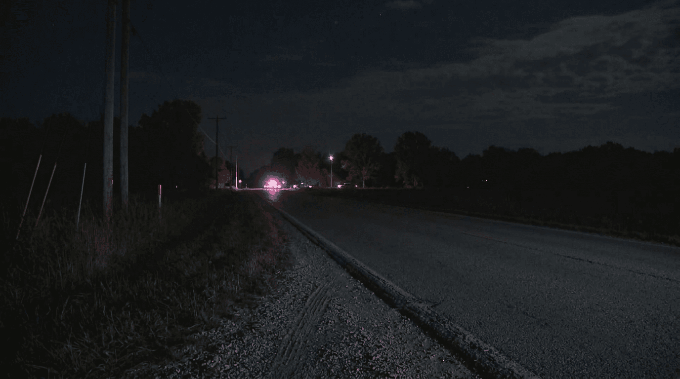 An empty rural road near Mecca in Parke County at night, representing the area where a pedestrian was injured in a chain-reaction crash.