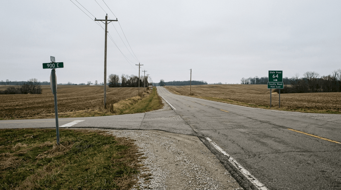 State Road 64 cerca de County Road 900 East, entre Otwell y Winslow, en Pike County, el área del choque frontal mortal.