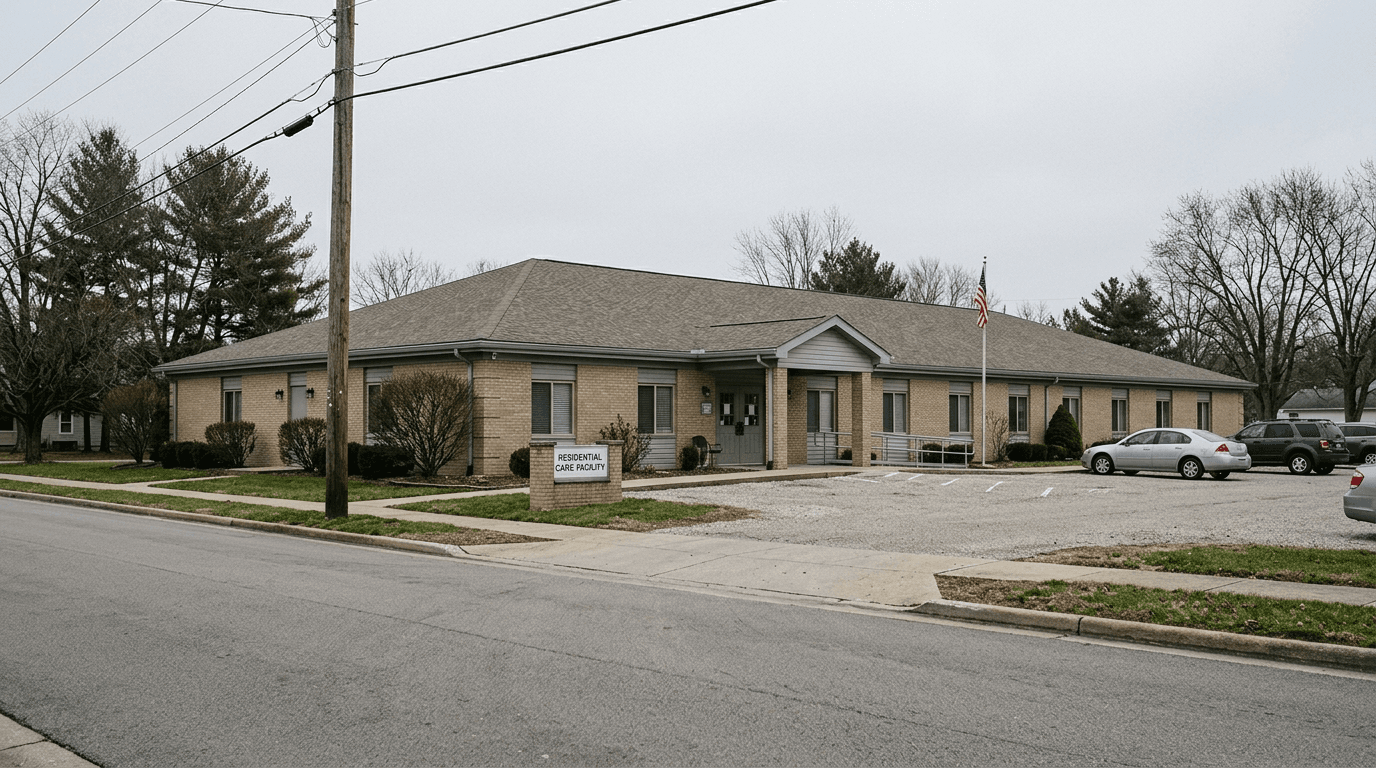 Care-facility exterior in Mitchell, Indiana, illustrating a report about an emergency response to a fall on Teke Burton Drive.