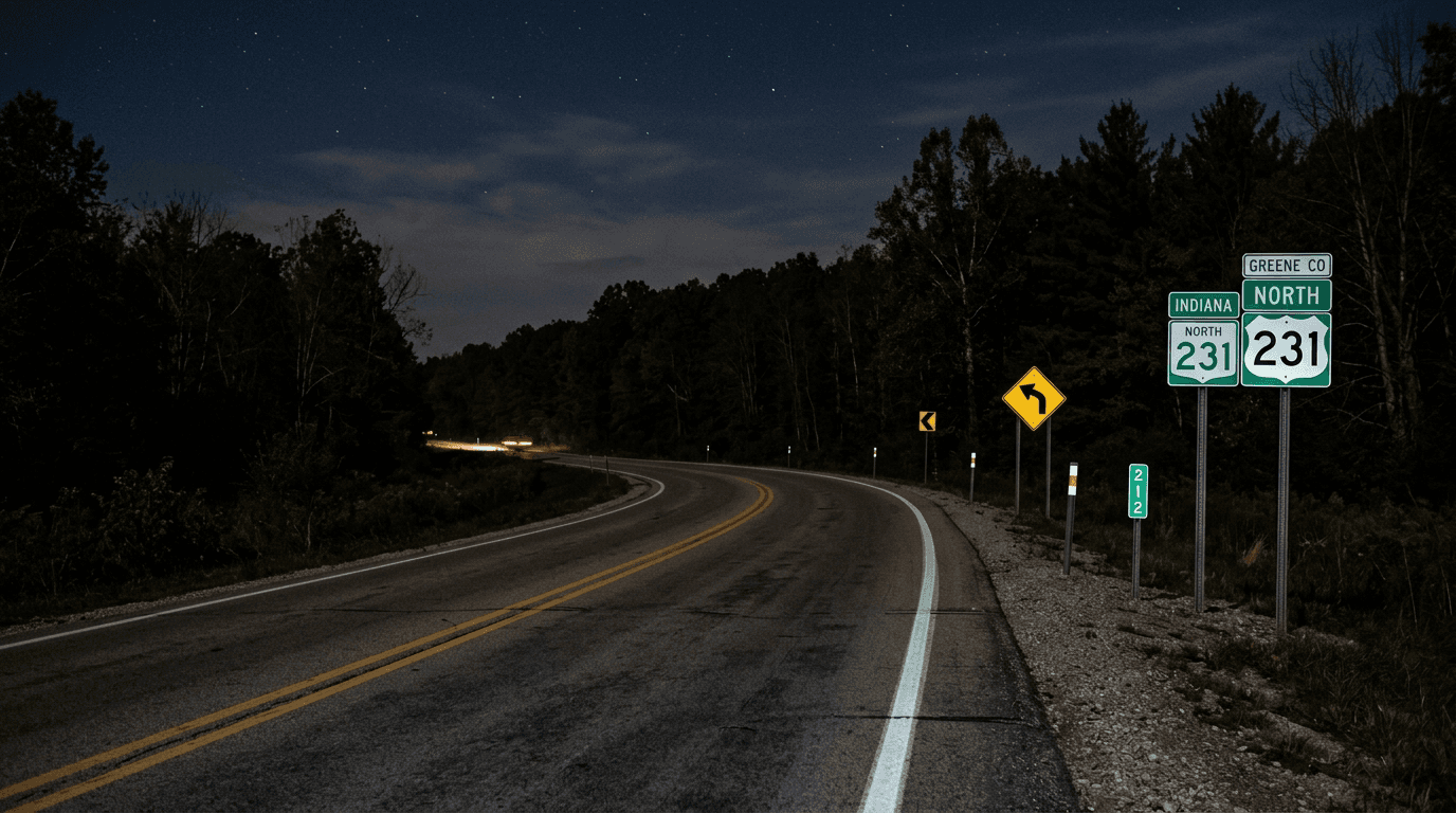 A wooded curve on U.S. Highway 231 in Greene County at night, illustrating the location context of the reported motorcycle crash north of Interstate 69.