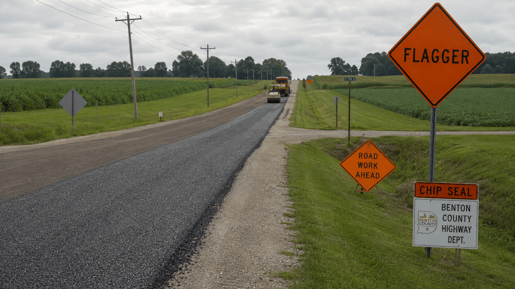 State Road 18 work-zone setting in rural Benton County, Indiana, relevant to the fatal rear-end crash at County Road 1200 East.