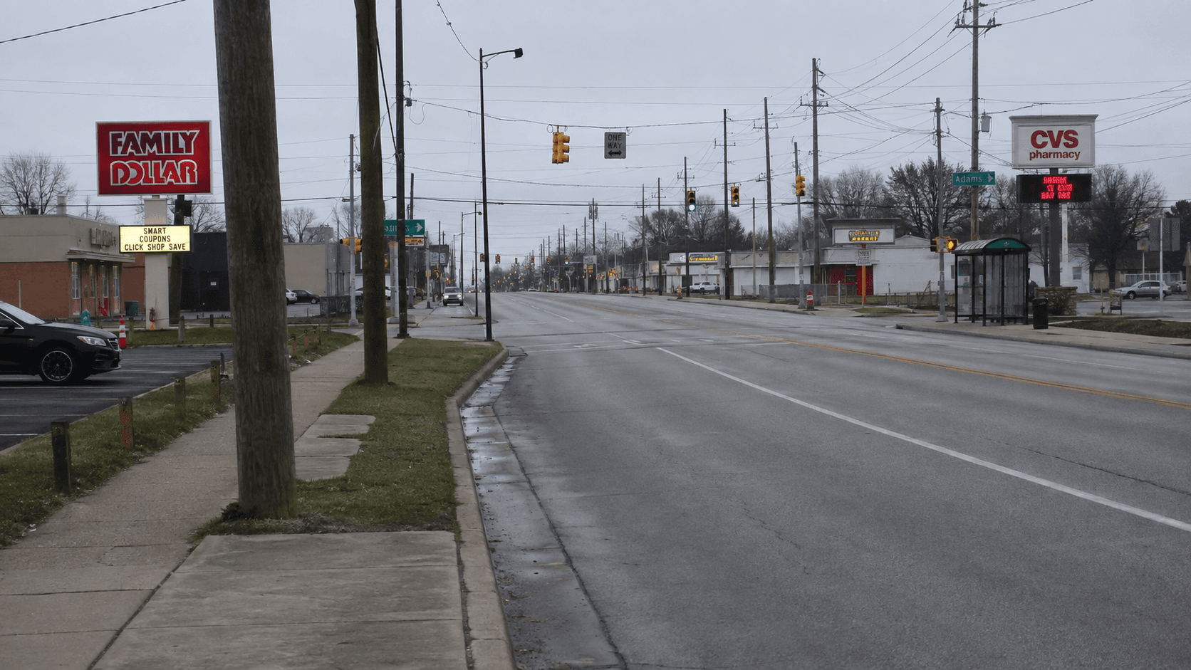 East 38th Street streetscape in Indianapolis, where two people were injured in an August 2026 shooting.