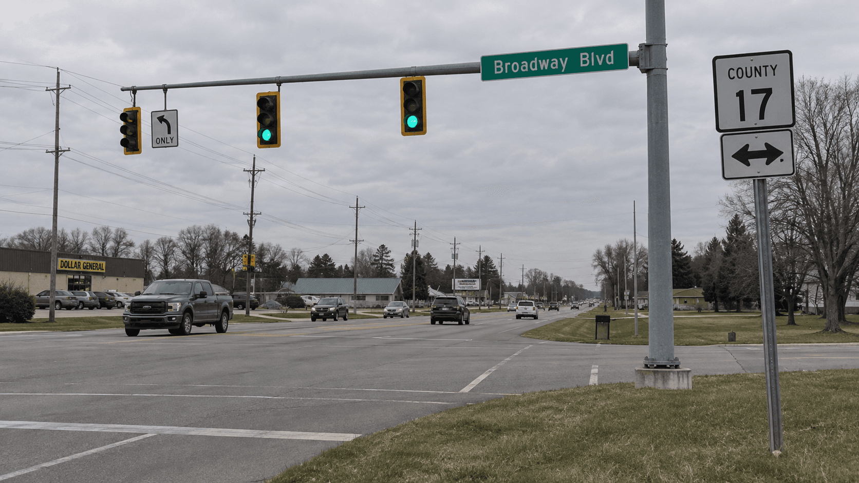 County Road 13 and Broadway Boulevard intersection in Elkhart County, where an electric bicycle rider was seriously injured in an SUV collision.