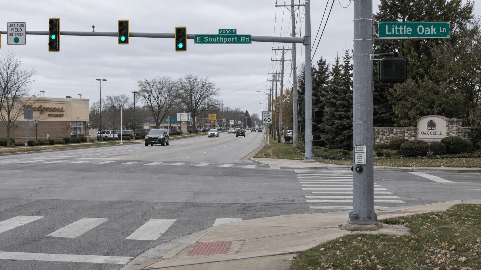 East Southport Road and Little Oak Lane intersection in Indianapolis, where a 2023 fatal hit-and-run led to a guilty plea.