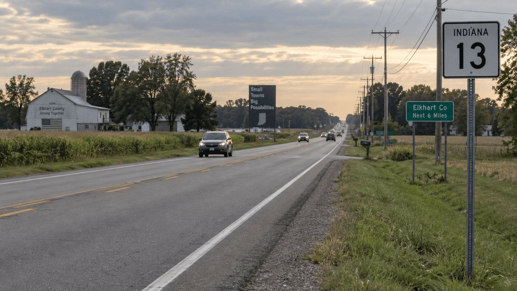 State Road 13 en el condado de Elkhart, la carretera donde una colisión entre una miniván y una calesa tirada por un caballo dejó tres personas heridas.