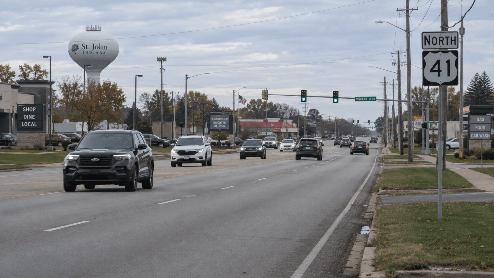 Daytime view of the Wicker Avenue and U.S. 41 corridor in St. John, Lake County, where a rear-end crash led to impaired-driving allegations.