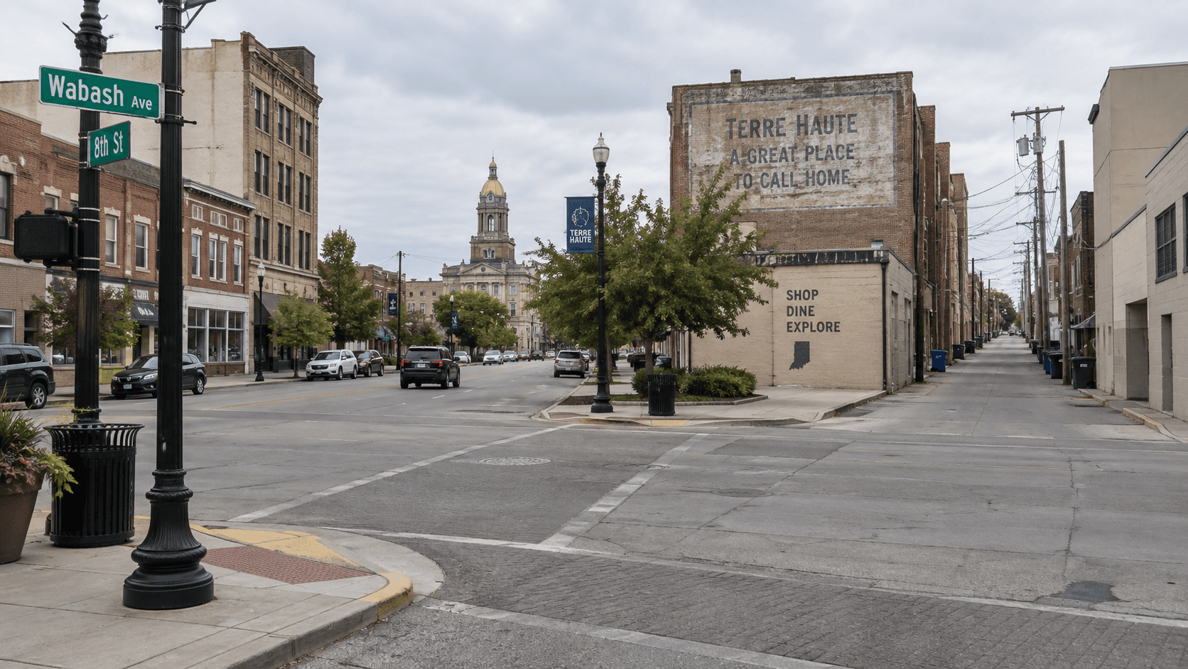 Calle y callejón urbanos en Terre Haute, Indiana, que representan el área de la persecución policial reportada y la colisión en 17th Street.