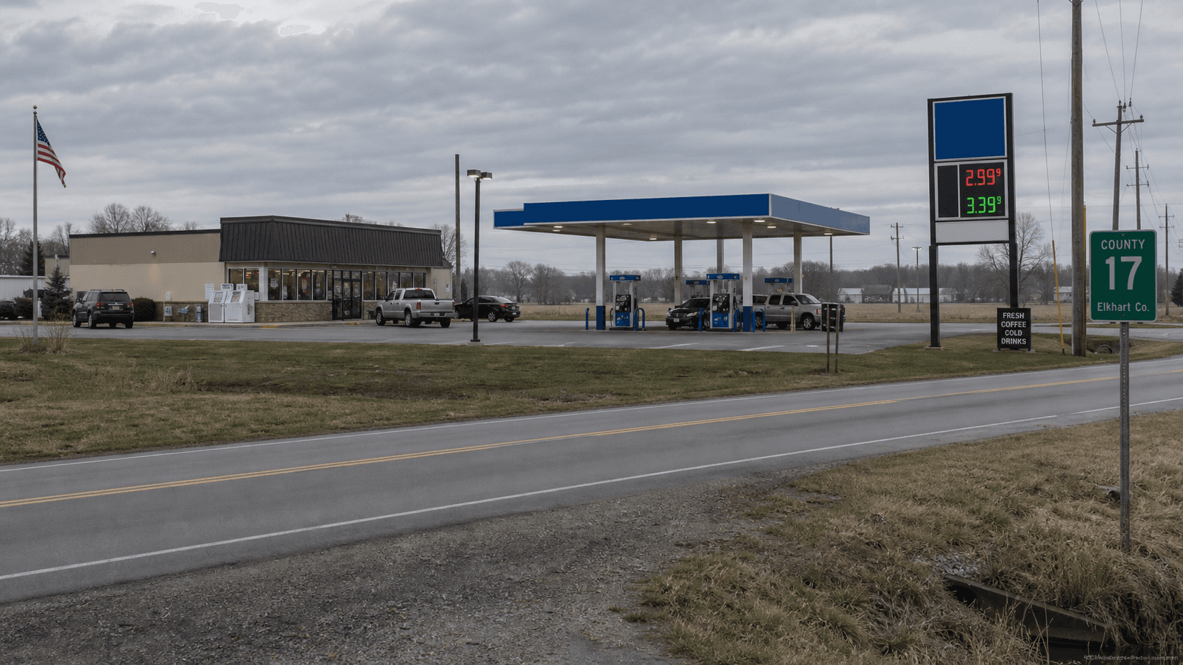 Travel stop exterior along County Road 17 in Elkhart County, where an alleged assault preceded a police pursuit.