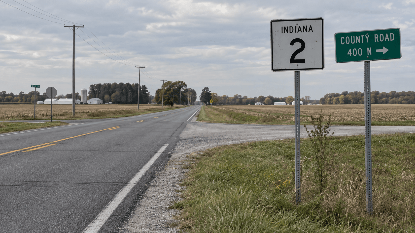 Indiana 2 near a county road in rural LaPorte County, the area relevant to a reported OWI head-on crash case.