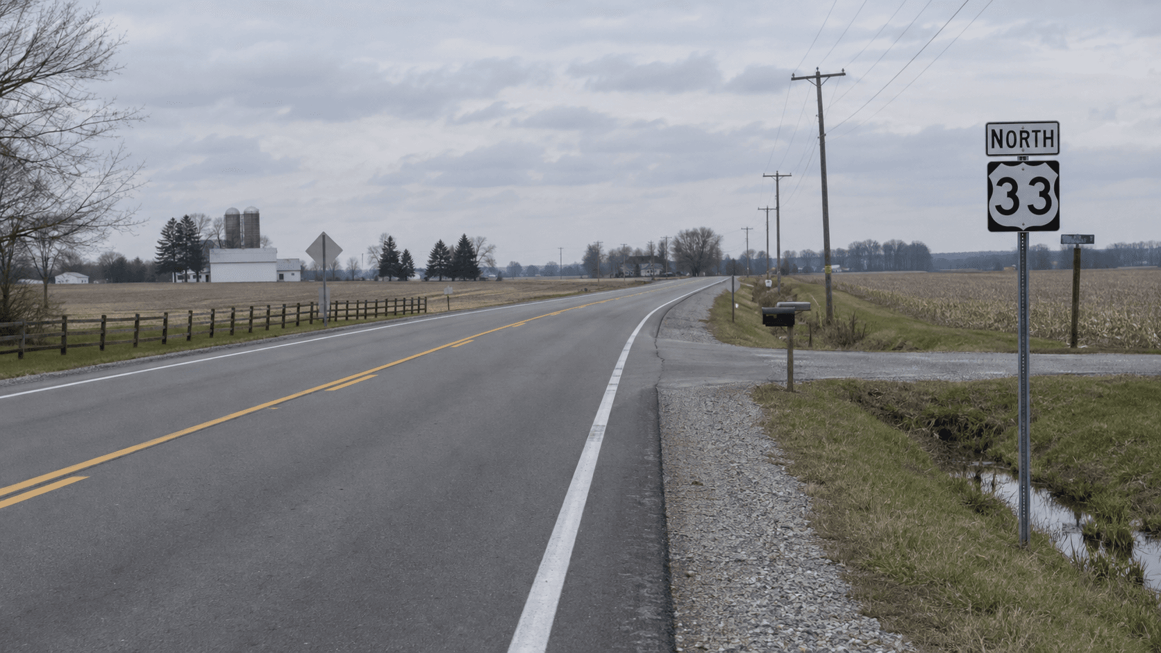 Daytime view of U.S. Highway 33 near County Road 42 in Goshen, Elkhart County, where a driver left the roadway during an attempted pass.